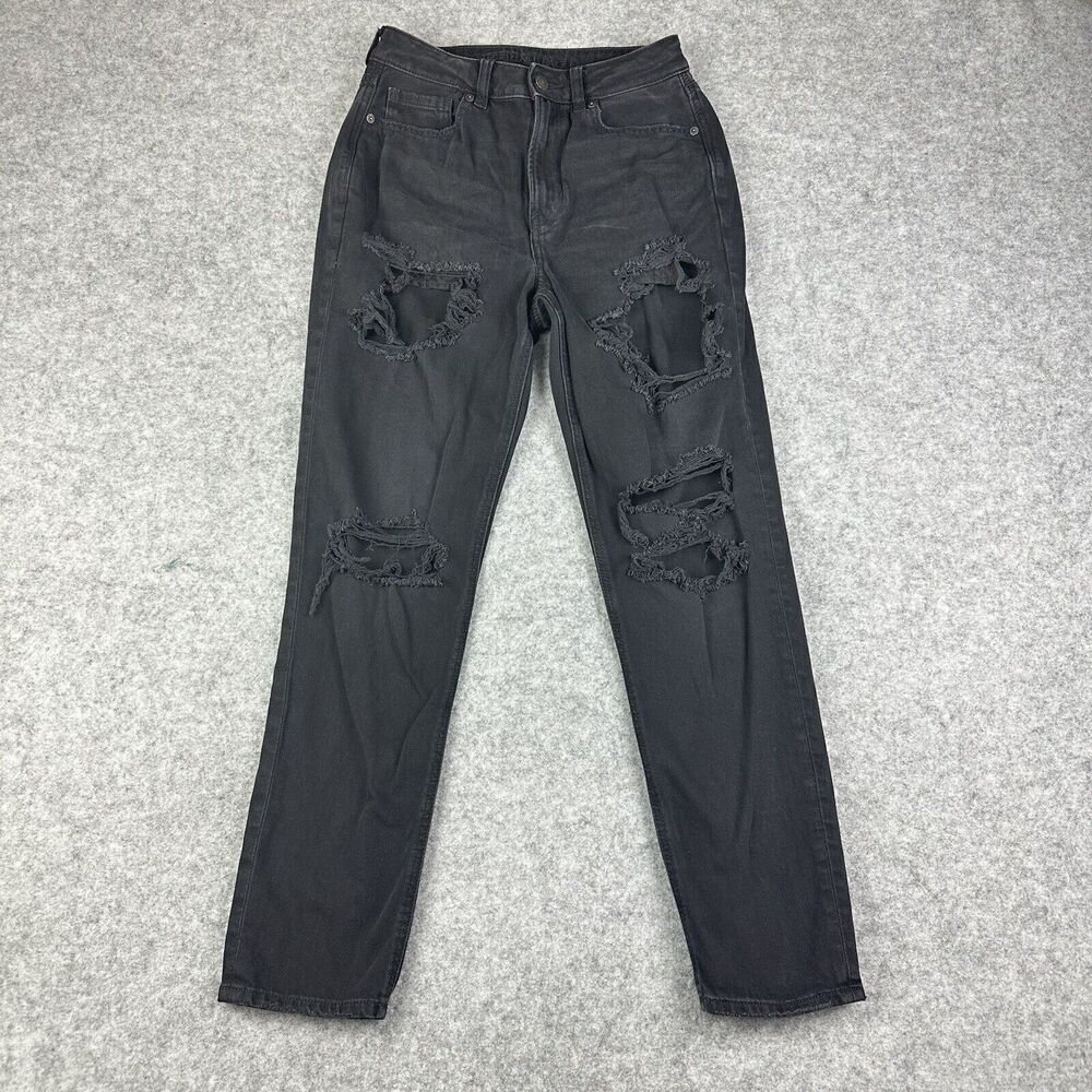American Eagle Mom Jeans Womens 2R Faded Black Destroyed Stretch Casual Denim*